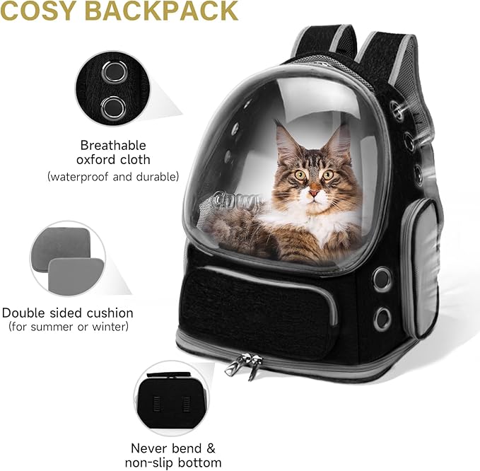 Cat Backpack Carrier, Breathable Cat Carrier Large Space Bubble Pet Backpack for Kitty Small Dog up to 12lbs, Transparent &amp; Foldable Pet Carrier for Travel Hiking (Black