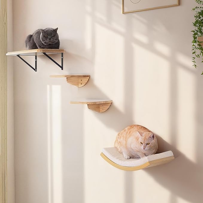 Cat Wall Shelf &amp; Window Perch Combo, Wood Cats Wall Furniture with Soft Foam Curved Bed and Felt-Padded Steps, 4-Piece Floating Cat Climbing System