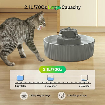 Ceramic Cat Water Fountain, 2.1L/70oz Porcelain Pet Drinking Dispenser with 4 Set Replacement Filter &amp; Sponge, Automatic Dog Water Bowl with Ultra-Quiet Pump, Cat Feeding Watering Supplies(Grey)
