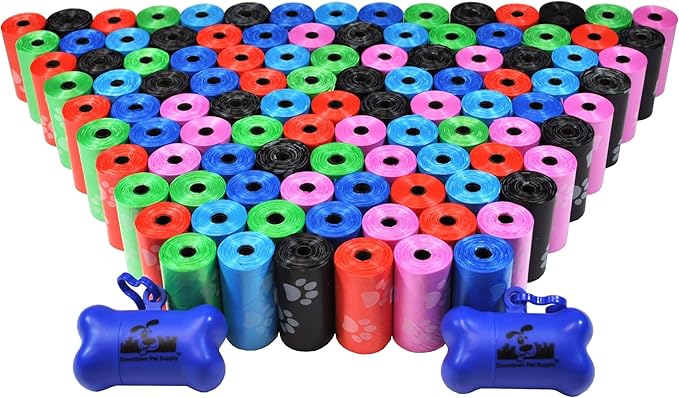 Downtown Pet Supply Rainbow Paw Print Poop Bags (2200 CT &amp; 2 Dispensers) - Leak-Proof, Unscented, Clips to Leashes &amp; Harnesses