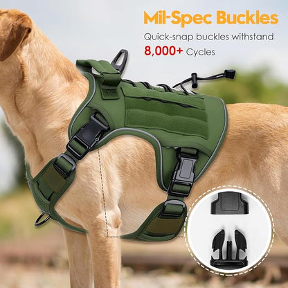 Heavy-Duty Tactical Dog Harness for Large Dogs, No Pull Adjustable Reflective Pet Vest with Molle System, K9 Military-Grade Control for Service Training, Outdoor &amp; 10+ Breeds, Green, XX-Large