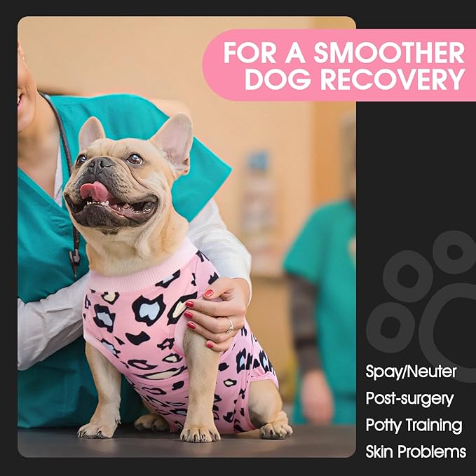 FUAMEY Recovery Suit for Dogs After Surgery,Soft Breathable Dog Bodysuit E-Collar &amp; Cone Alternative Surgical Suit,Male Female Dog Neuter Spay Suits Anti Licking Wounds Onesie Pink Leopard L