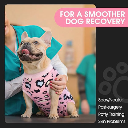 FUAMEY Recovery Suit for Dogs After Surgery,Soft Breathable Dog Bodysuit E-Collar &amp; Cone Alternative Surgical Suit,Male Female Dog Neuter Spay Suits Anti Licking Wounds Onesie Pink Leopard XL