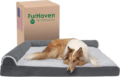 Furhaven Cooling Gel Dog Bed for Large Dogs w/ Removable Bolsters &amp; Washable Cover, For Dogs Up to 125 lbs - Two-Tone Plush Faux Fur &amp; Suede L Shaped Chaise - Stone Gray, Jumbo Plus/XXL