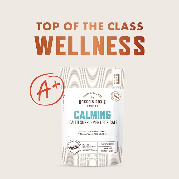 Rocco &amp; Roxie Cat Calming Treats with Melatonin for Cats, Stress and Anxiety Relief, Keep Calm for Grooming, Travel, or Vet Visits, Aid Sleep with Organic Ashwagandha and GABA, Chicken Flavored Chews