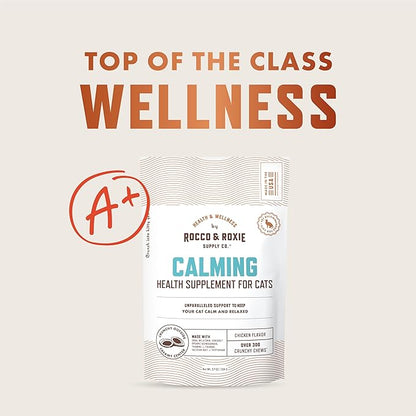 Rocco &amp; Roxie Cat Calming Treats with Melatonin for Cats, Stress and Anxiety Relief, Keep Calm for Grooming, Travel, or Vet Visits, Aid Sleep with Organic Ashwagandha and GABA, Chicken Flavored Chews