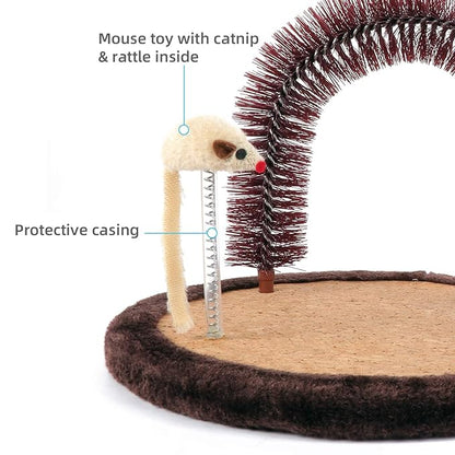 Happi N Pets Original Cat Self Groomer, Arch Grooming Brush wtih Heavy Wooden Scratching Pad, Rubbing Post &amp; Toy, Cat Face Scratchers Body Massager, Cat Scratchers for Indoor Cats, Brown