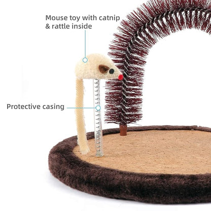Happi N Pets Large Cat Self Groomer, Arch Grooming Brush with Heavy Wooden Scratching Pad, Rubbing Post &amp; Toy, Cat Face Scratchers Body Massager, Cat Scratchers for Indoor Cats, Brown