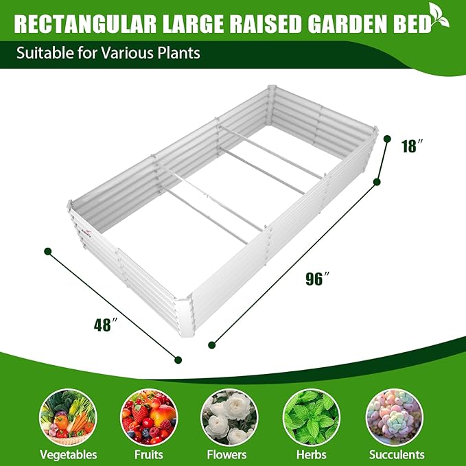 A ANLEOLIFE 8X4X1.5 ft Galvanized Raised Garden Bed, Rectangle Above Ground Modular Metal Planter Boxes Outdoor for Vegetables Flowers Herbs, Anti-Rust &amp; Easy-Setup, Antique White