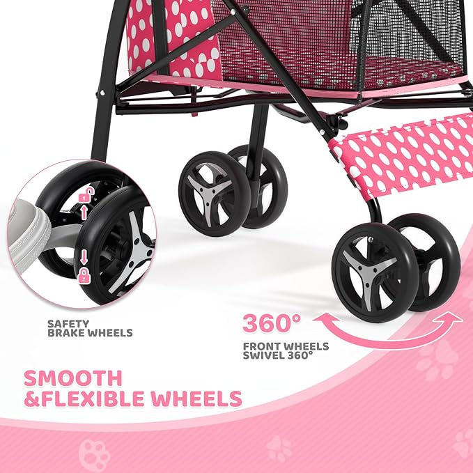 Magshion Compact Pet Stroller for Small-Medium Dogs/Cats up to 22lbs, 4-Wheel Lightweight Umbrella Shaped Portable Puppy Travel Jogger with Breathable Mesh &amp; Rear Storage, Pink Polka Dots