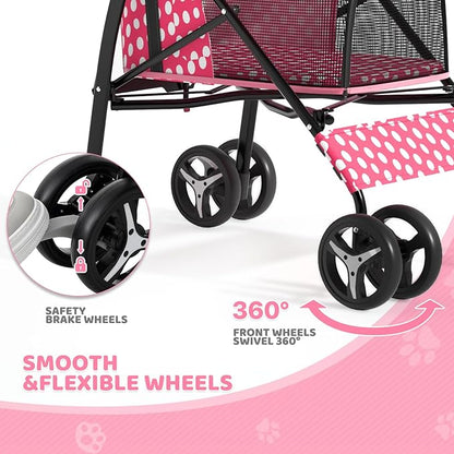 Magshion Compact Pet Stroller for Small-Medium Dogs/Cats up to 22lbs, 4-Wheel Lightweight Umbrella Shaped Portable Puppy Travel Jogger with Breathable Mesh &amp; Rear Storage, Pink Polka Dots