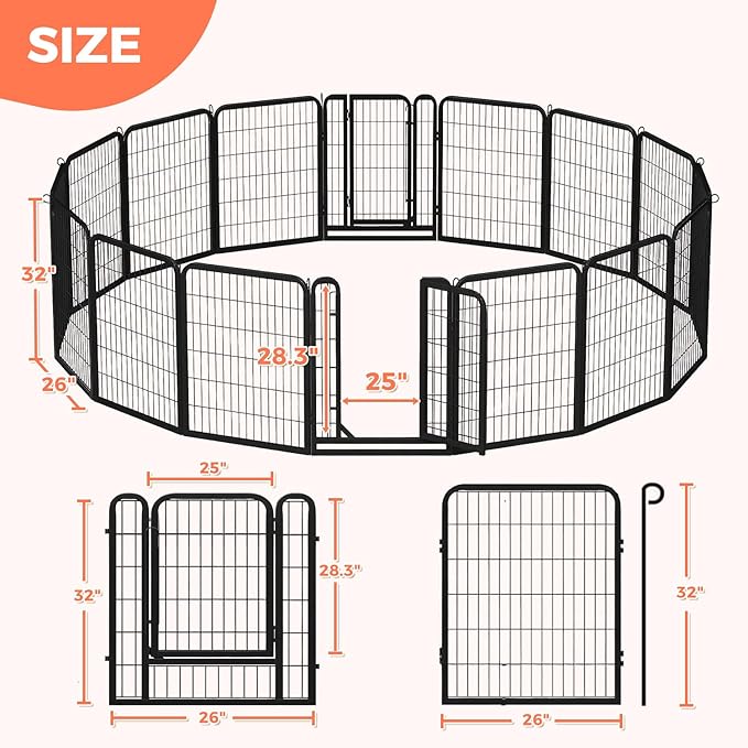 32 Inch Dog Playpen - 16 Panels Metal Pet Exercise Pen for Small-Medium Dogs, Indoor/Outdoor Dog Fence for Yard, Garden, Camping &amp; RV Travel