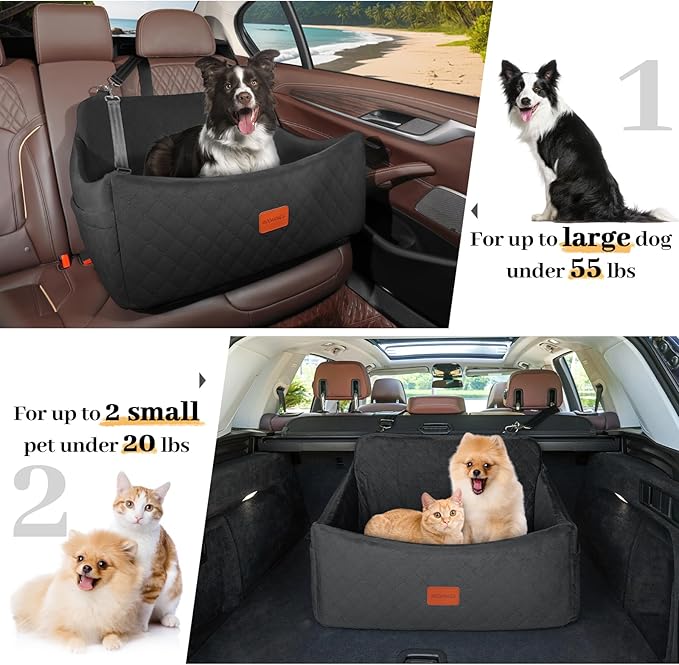 Dog Car Seat for Medium &amp; Large Dogs Up to 55lbs, Memory Foam Cushion, Washable Cover, Safety Straps &amp; Non-Slip Bottom(Black,Large)