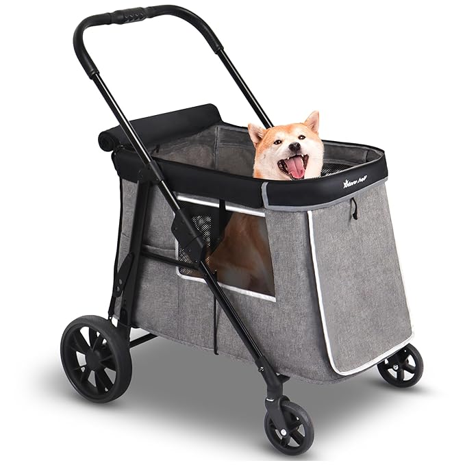 Medium Dog Stroller for Small to Large Dogs 4 Wheels Multi Pet Stroller for 4 Dogs Holds Up to 66lbs, One-Click Folding&amp;Smooth Tires&amp;Sunshade &amp; Storage Basket (Gray, Medium)