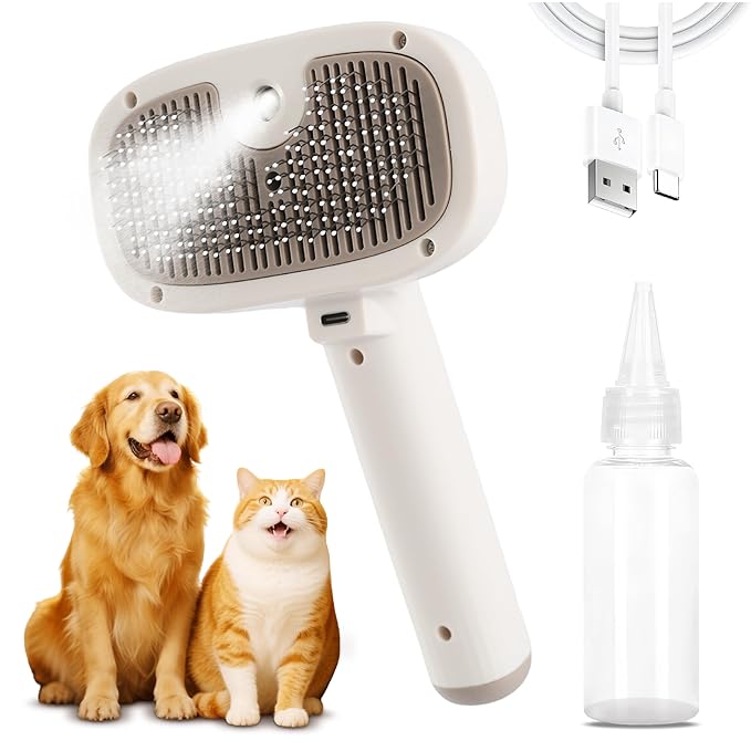 Cat Steam Brush for Indoor Cats, Dog Brush for Shedding, Spritz Defur Comb for Short &amp; Long Hair, Pet Spray Hair Removal Comb, USB Rechargeable Grooming Supplies Steam Brush for All Pets (White)