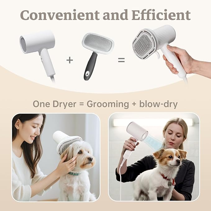 Dog Hair Dryer, Professional 2-in-1 Pet Hair Dryer &amp; Grooming Brush with Removable Comb, Adjustable Temperature/Speed, Portable Dryer for Dogs and Cats