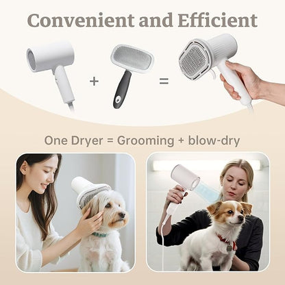 Dog Hair Dryer, Professional 2-in-1 Pet Hair Dryer &amp; Grooming Brush with Removable Comb, Adjustable Temperature/Speed, Portable Dryer for Dogs and Cats