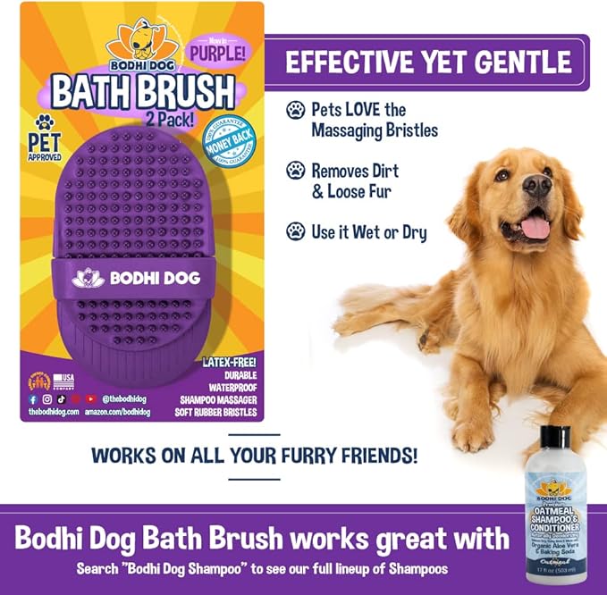 Bodhi Dog Shampoo Brush - Pet Grooming &amp; Bath Supplies for Dogs and Cats - Bath Brush for Long &amp; Short Hair - Premium Scrubber for Shower, Bathing &amp; Massage (Two Pack, Purple)