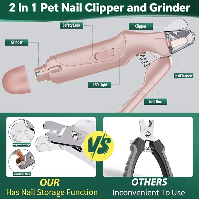 2 in 1 Dog Nail Clippers and Grinder with Lights &amp; Cat Nail Clipper for Large Medium Small Dogs Cats Nail Trimmers USB Rechargeable with 2 LED Lights Dog Claw Care for Non-Black Nails