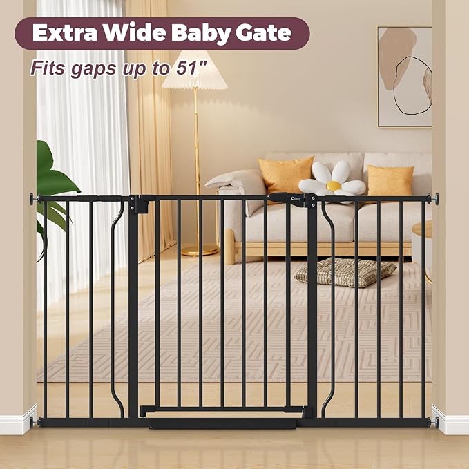 29"-51" Baby Gate for Stairs, Auto Close Stroller Friendly Dog Gate Indoor for Doorways, Pressure Mounted Baby Gate, Easy Walk Through Gate for Children &amp; Pets, Black