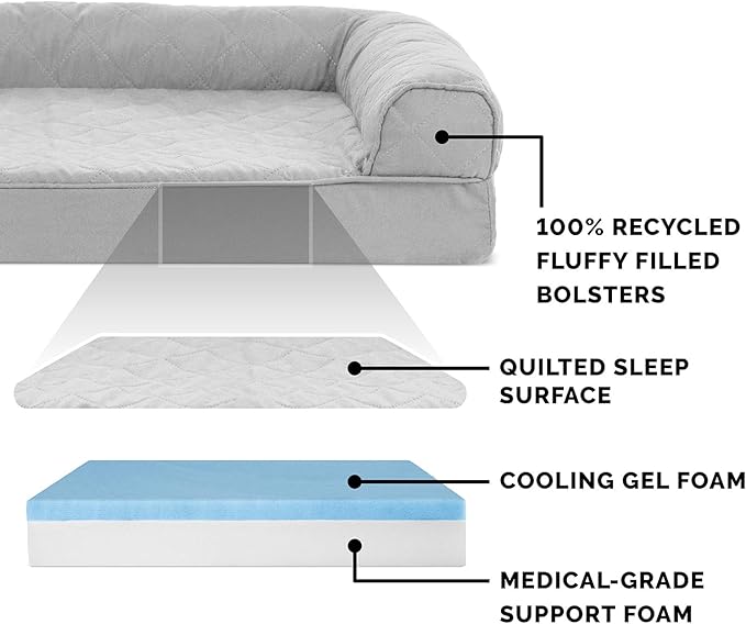 Furhaven Cooling Gel Dog Bed for Large Dogs w/ Removable Bolsters &amp; Washable Cover, For Dogs Up to 125 lbs - Quilted Sofa - Silver Gray, Jumbo Plus/XXL