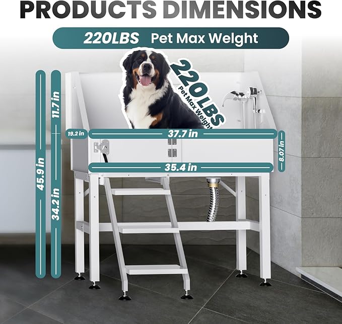 38" Dog Washing Station, Professional Stainless Steel Dog Bathing Station Dog Bathtub for Large &amp; Medium Dog, Height Adjustable Dog Grooming Tub with Storage Basket, Movable Stair (Left Stair)