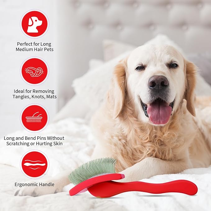 Dog Slicker Brush for Shedding and Grooming Medium or Long Haired Cats, Extra Long &amp; Soft Pin Slicker Brush for Removes Loose Hair, Tangles, Knots, Undercoat, Free Pet Comb, Large Red