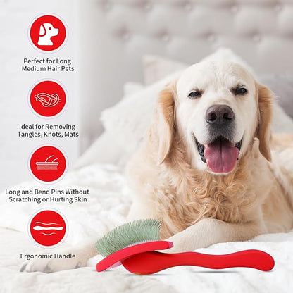 Dog Slicker Brush for Shedding and Grooming Medium or Long Haired Cats, Extra Long &amp; Soft Pin Slicker Brush for Removes Loose Hair, Tangles, Knots, Undercoat, Free Pet Comb, Large Red