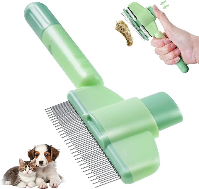 Pet Hair Removal Comb,New Cat Brush with Release Button,Pet Grooming Brush for Short&amp;Long Pet Hair,Deshedding Brush for Pet (green)