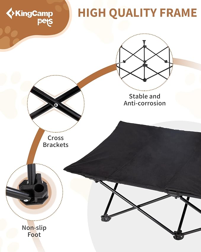 KingCamp Elevated Dog Bed for Large Dogs, Outdoor Raised Cooling Pet Cot Bed with Washable Breathable Mesh &amp; No-Slip Feet Perfect for Camping, Backyard, Indoor Use (L, Black)