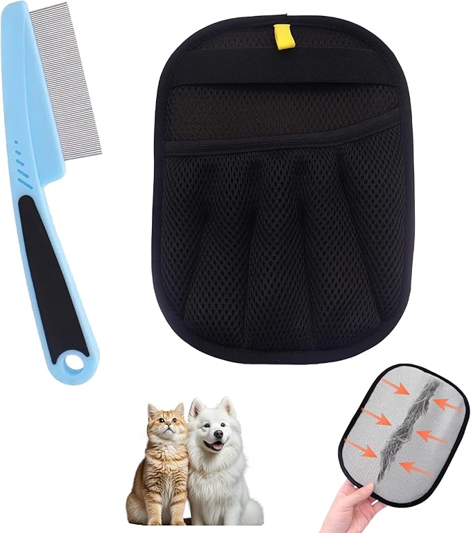 Electrostatic Pet Hair Remover Glove, Reusable Pet Hair Removal Glove for Dog &amp; Cat Grooming, Double Sided Static Pet Hair Fur Remover Tool Mitt Gloves (2PCS) (1 Gloves+1 flea Comb)