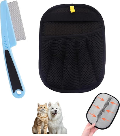 Electrostatic Pet Hair Remover Glove, Reusable Pet Hair Removal Glove for Dog &amp; Cat Grooming, Double Sided Static Pet Hair Fur Remover Tool Mitt Gloves (2PCS) (1 Gloves+1 flea Comb)