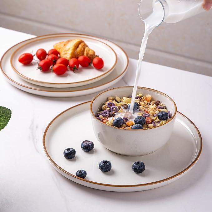 GBHOME Ceramic Dinnerware Sets for 4, 12 Pieces Stoneware Plates and Bowls Sets, Scratch Resistant Dishes, Dishwasher &amp; Microwave Safe, Reactive Glaze-White