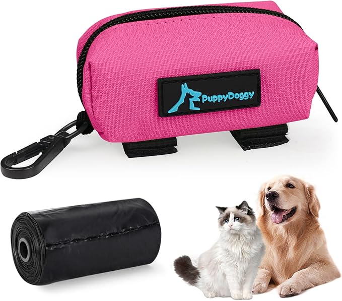 PuppyDoggy 1 Pack Poop Bag Holder for Dogs &amp; Cats Waste Bag Dispenser Pouch with 1 Roll of Free Poop Bags - Dog Leash Accessory &amp; Bicycle (Pink)