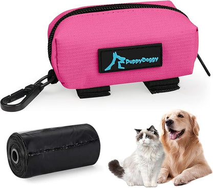 PuppyDoggy 1 Pack Poop Bag Holder for Dogs &amp; Cats Waste Bag Dispenser Pouch with 1 Roll of Free Poop Bags - Dog Leash Accessory &amp; Bicycle (Pink)