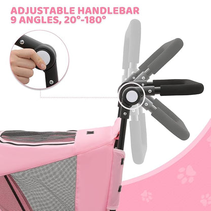 Magshion Pet Stroller for Medium Dogs w/Adjustable Handle, 3-Wheel Dog Cat Wagon w/Dual Entry, Rear Storage, Breathable Mesh, One-Foot Brake, Ideal for Large Pets up to 55 lbs, Pink