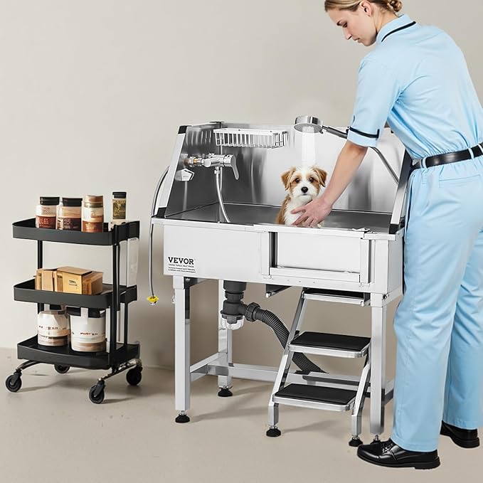 VEVOR Stainless Steel Dog Washing Station, 34 inch Pet Grooming Tub w/Storage Stairs, Faucet &amp; Showerhead &amp; Soap Holder Dog Bathtub, Pet Wash Station for Small Pets (Right Door)
