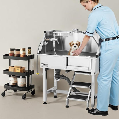 VEVOR Stainless Steel Dog Washing Station, 34 inch Pet Grooming Tub w/Storage Stairs, Faucet &amp; Showerhead &amp; Soap Holder Dog Bathtub, Pet Wash Station for Small Pets (Right Door)