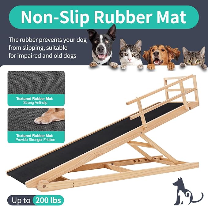Dog Ramp, 5 Level Adjustable Height Folding Pet Ramp for High Bed, Portable Paw Ramps Large Bed Ramp for Medium &amp; Large Old Dogs &amp; Cats - Natural Wood Furniture Quality