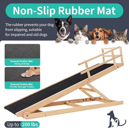Dog Ramp, 5 Level Adjustable Height Folding Pet Ramp for High Bed, Portable Paw Ramps Large Bed Ramp for Medium &amp; Large Old Dogs &amp; Cats - Natural Wood Furniture Quality