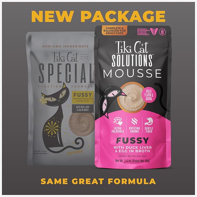 Tiki Cat Solutions Fussy Mousse, Duck Liver &amp; Egg, Specially Formulated to Support Healthy Digestion, Functional Wet Cat for Adult Cats, 2.4 oz. Pouch (12 Count)