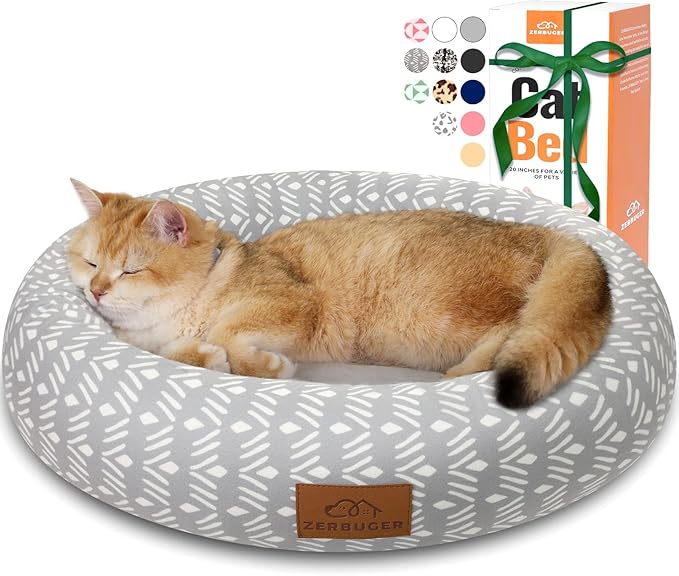 Cat Bed, 20In Dog Beds for Small Dogs, Calming Cat &amp; Dog Beds for Indoor Pets, Pet Beds Comfortable Donut Round Ultra Soft (Grey Pattern, 20.0" L x 20.0" W x 6.5" Th)