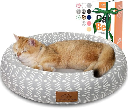 Cat Bed, 20In Dog Beds for Small Dogs, Calming Cat &amp; Dog Beds for Indoor Pets, Pet Beds Comfortable Donut Round Ultra Soft (Grey Pattern, 20.0" L x 20.0" W x 6.5" Th)