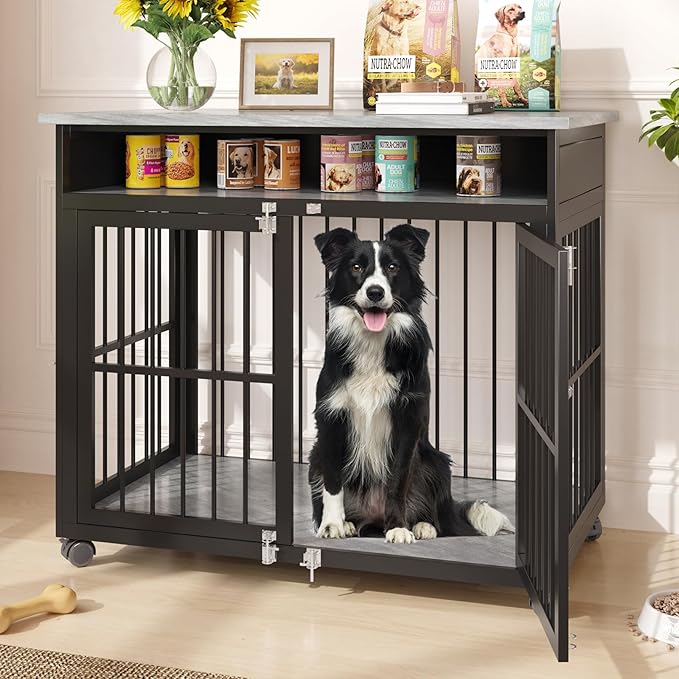 39.4" Dog Crate Furniture for Medium and Large Breed, Dog Kennel Furniture with Storage Shelf &amp; Lockable Wheels, Heavy Duty Wooden End Side Table Pet Cage Indoor, Chew-Resistant, Grey