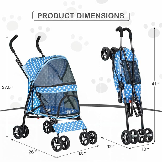 MoNiBloom 4 Wheels Pet Stroller, Easy-Fold Umbrella Shaped Dog Cat Jogger Stroller w/Storage Bag &amp; Visible Mesh for Small/Medium Dogs Cats Sky Blue Polka Dots