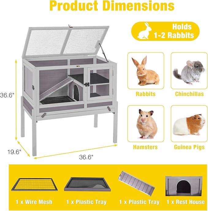 Aivituvin 2-Story Rabbit Hutch with Anti-Chew Ramp &amp; Zinc Sheet - 36.6" Indoor Guinea Pig Cage, Wooden Stand, Pull-Out Tray &amp; Leakproof Floor (Grey)