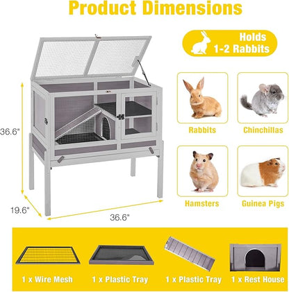 Aivituvin 2-Story Rabbit Hutch with Anti-Chew Ramp &amp; Zinc Sheet - 36.6" Indoor Guinea Pig Cage, Wooden Stand, Pull-Out Tray &amp; Leakproof Floor (Grey)