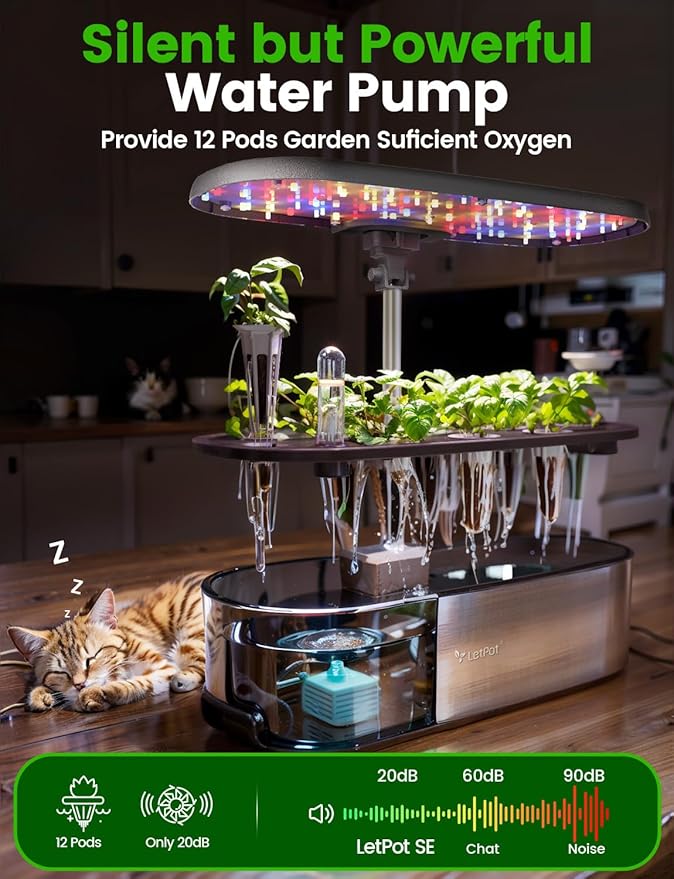 LetPot LPH-SE Hydroponics Growing System, 12 Pods Smart Herb Garden Kit Indoor, Indoor Garden, APP &amp; WiFi Controlled, with 24W Growing LED, 5.5L Water Tank, Pump System, Automatic Timer