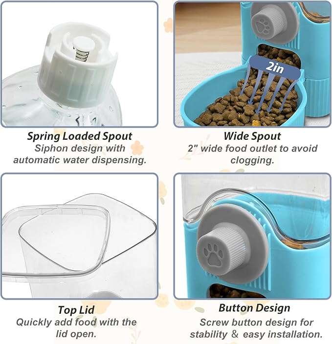 Fhiny Rabbit Food &amp; Water Dispenser, Large Capacity Gravity Guinea Pig Feeder and Waterer Set for Cage Hanging Automatic Bunny Feeder for Bunny Guinea Pig Chinchilla Ferret Cat Puppy