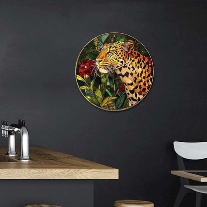 Lygond Metal Sign Tin Sign Circular Stained Glass Leopard Minimalist Wall Art for Garden 12×12 Inches